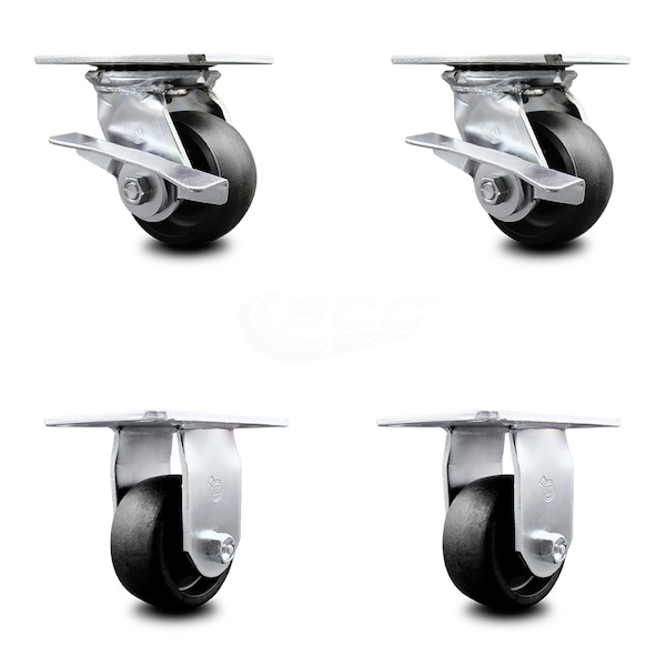 4 Inch Glass Filled Nylon Caster Set with Ball Bearing 2 Brakes and 2 Rigid SCC